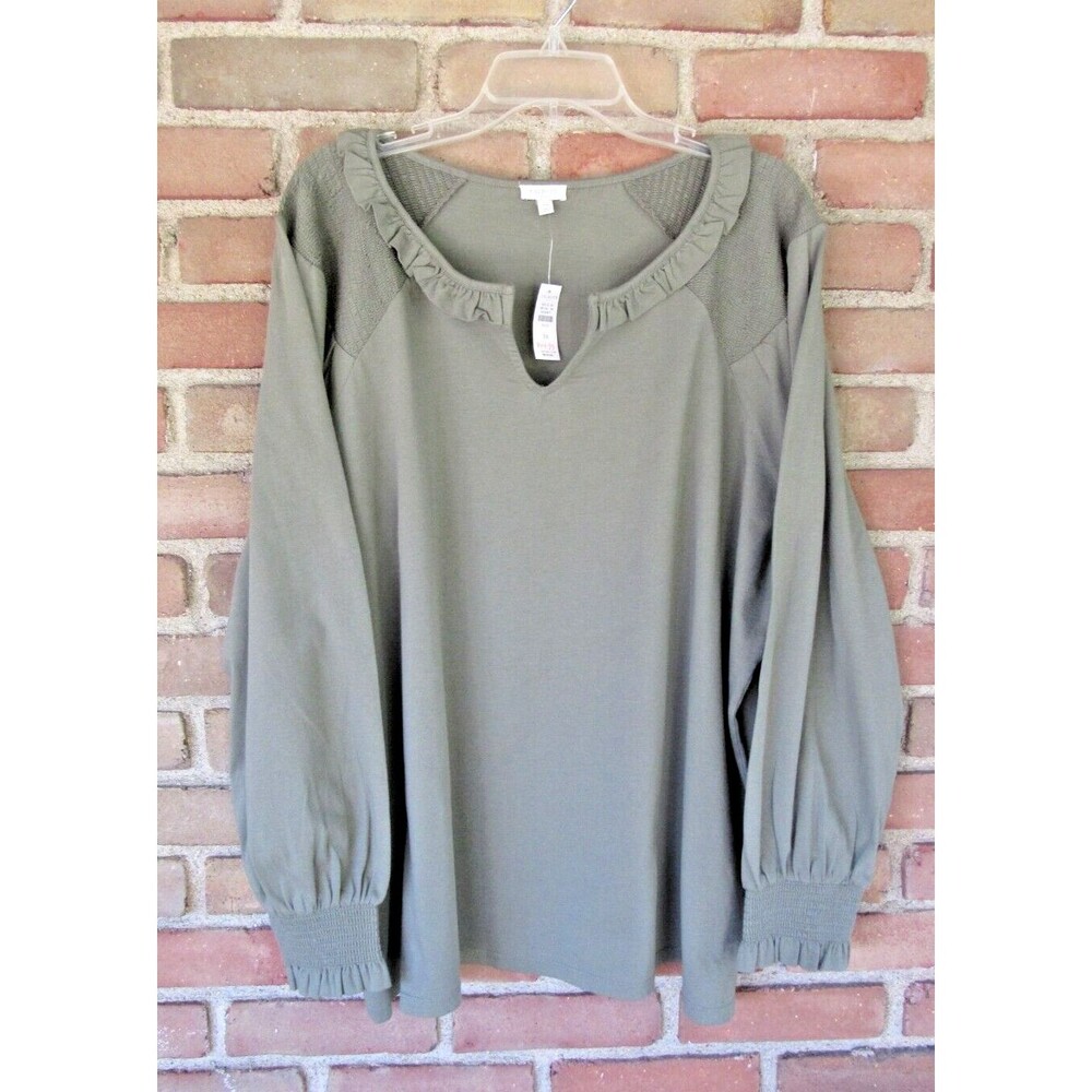 Talbots Plus 3X  Peasant Top Olive Green Split Neck Smocked Ruffle Neckline NWT